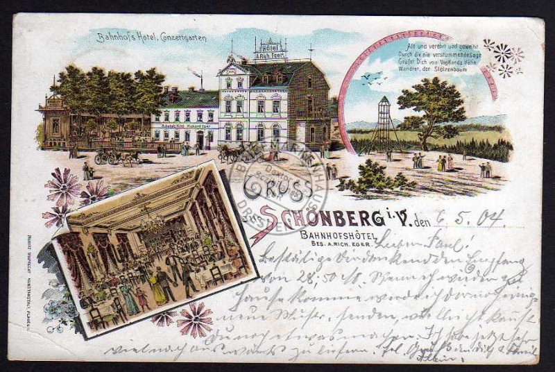 Schönberg i. V. Litho 1904 Bahnhof s Hotel 